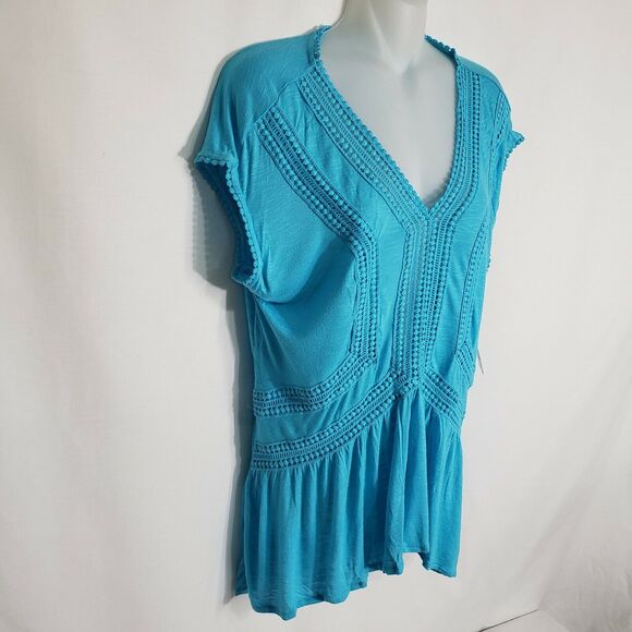 Relativity Womens Top Medium Teal V Neck Cap Sleeves High Low Peplum Crochet - Picture 5 of 10